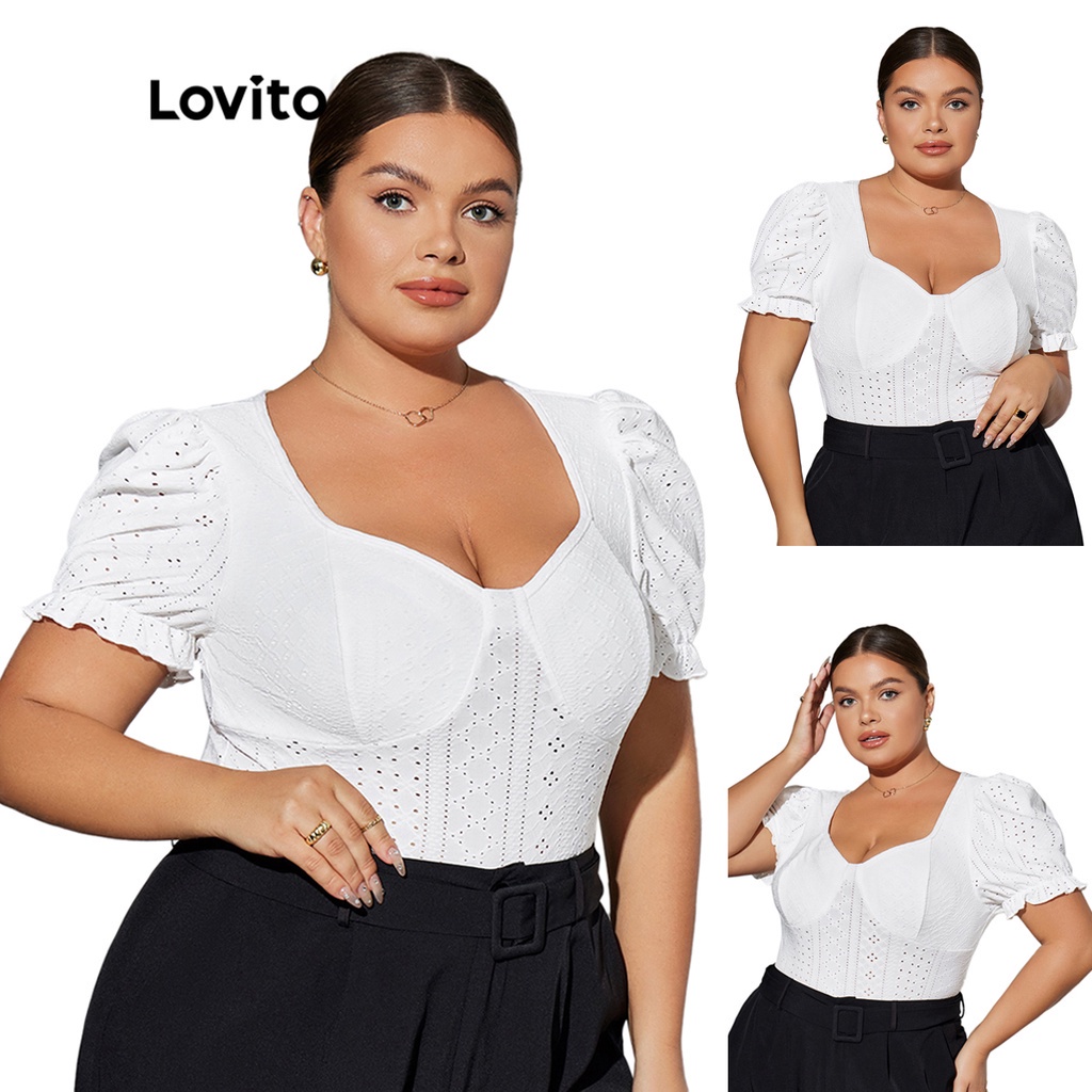 Lovito Plus Size Curve Elegant Plain Lettuce Trim Frill Women T-Shirt ...
