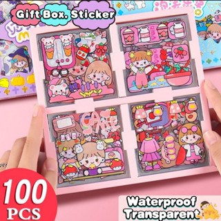 100PCS Korea Cute Waterproof Sticker Set Transparent Stationery  cartoon girl hand account sticker