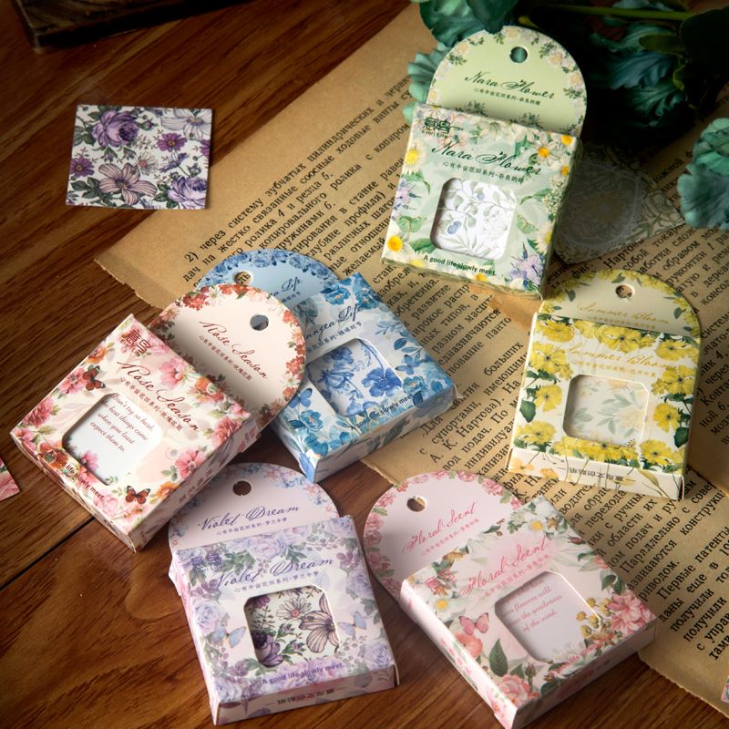 Imoda 48sheets/box Retro Style Box Stickers Plant Floral Scrapbook DIY