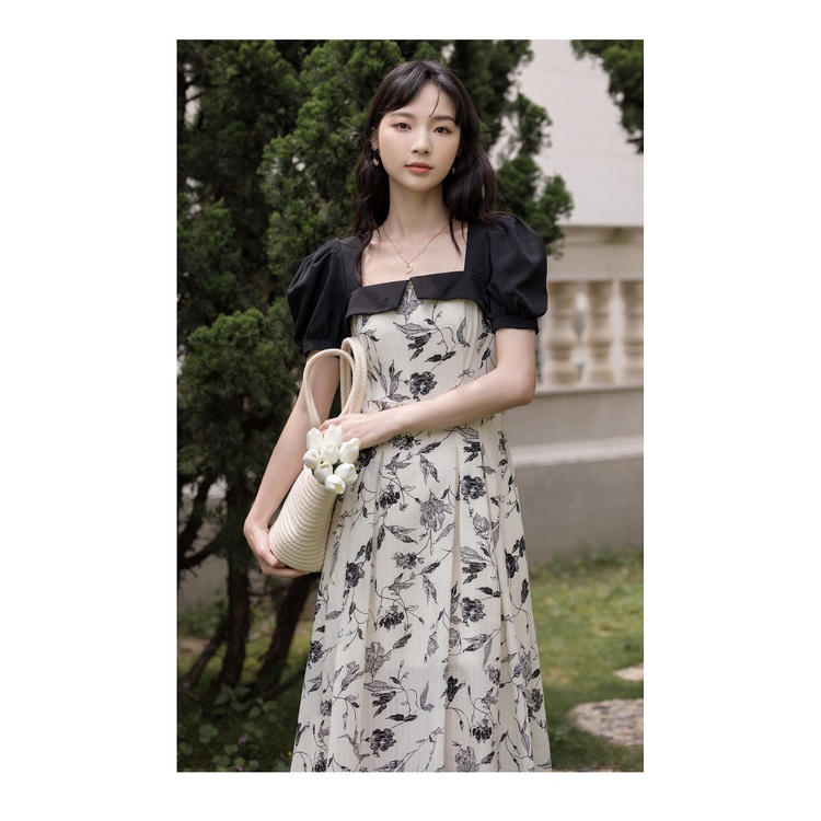 white dress floral cocktail puff sleeve Korean dress women long elegant
