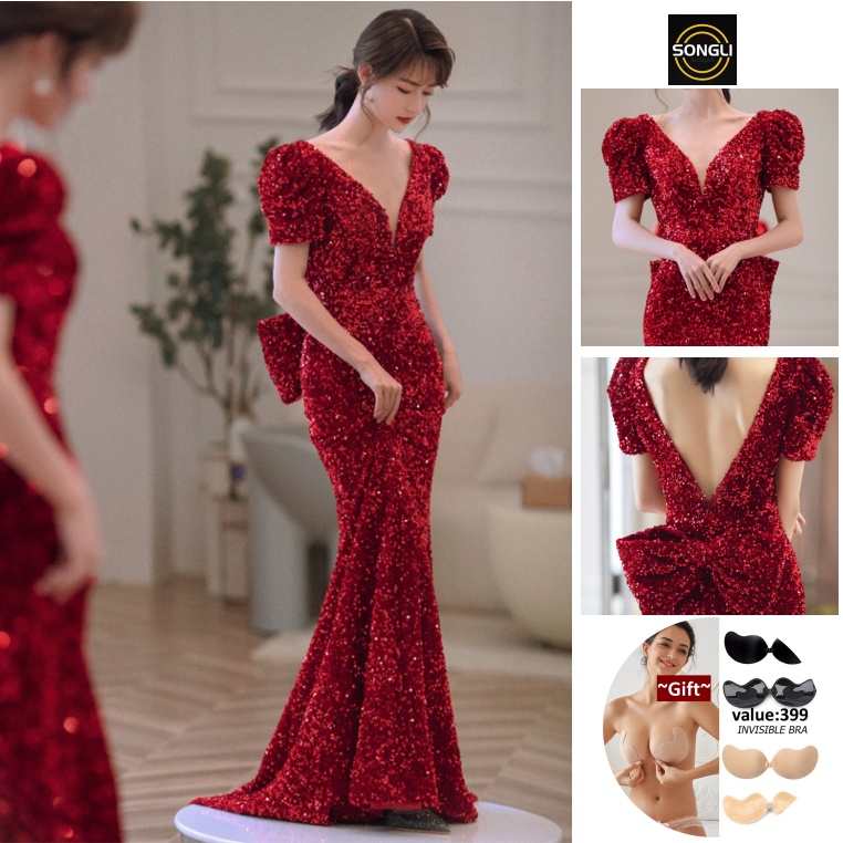 Red High Collar Fishtail Evening Long Dress