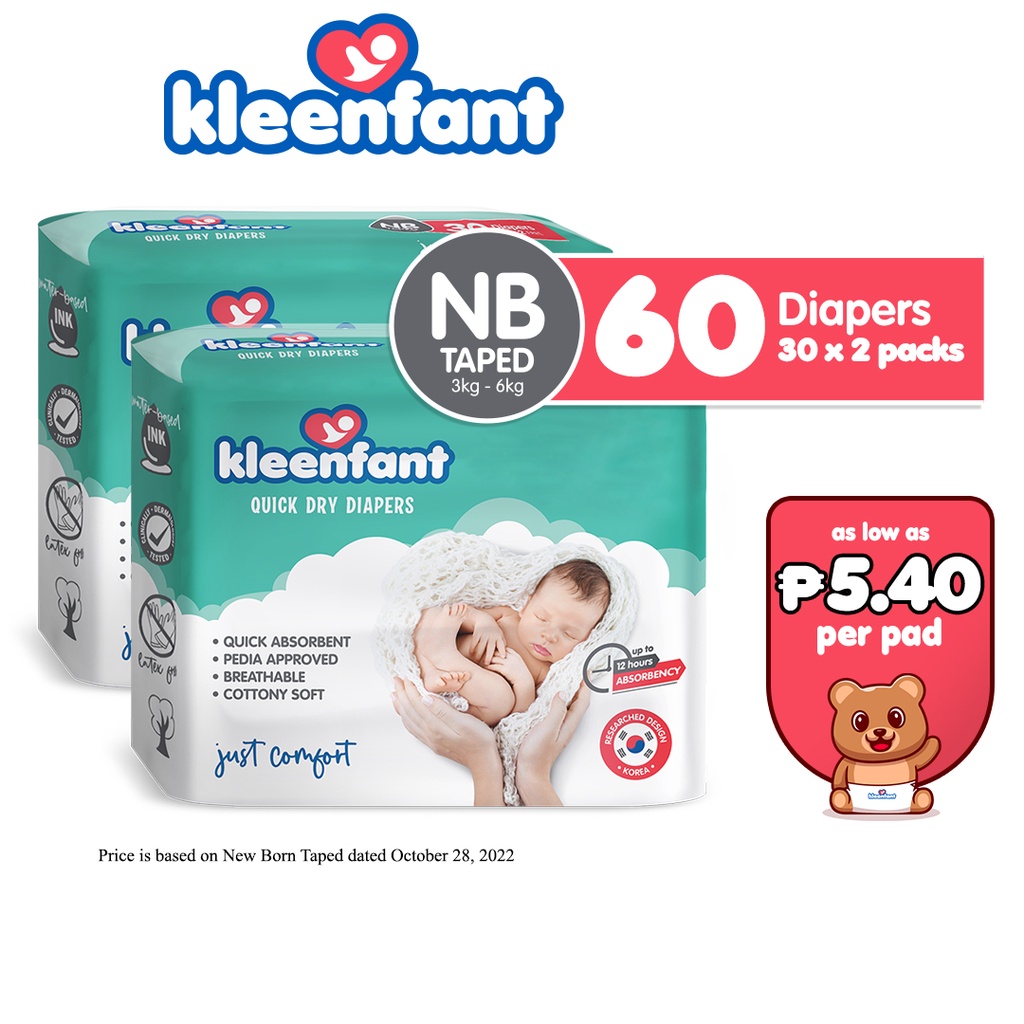 Kleenfant Diaper for Baby Taped Newborn Pack of 2, 60 pad Baby Needs