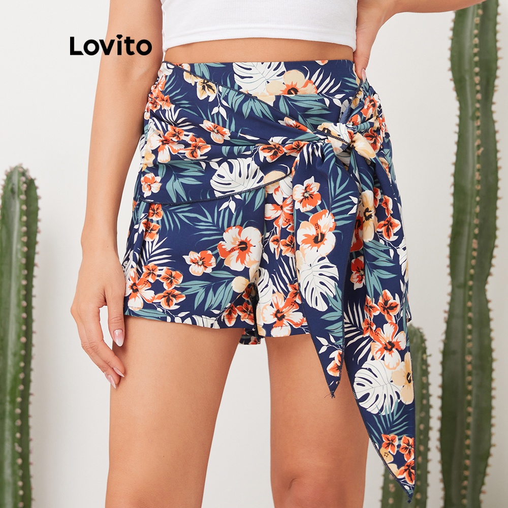 Lovito Boho Floral Floral Print Lace Up Shorts L11E04 (Dark Blue ...