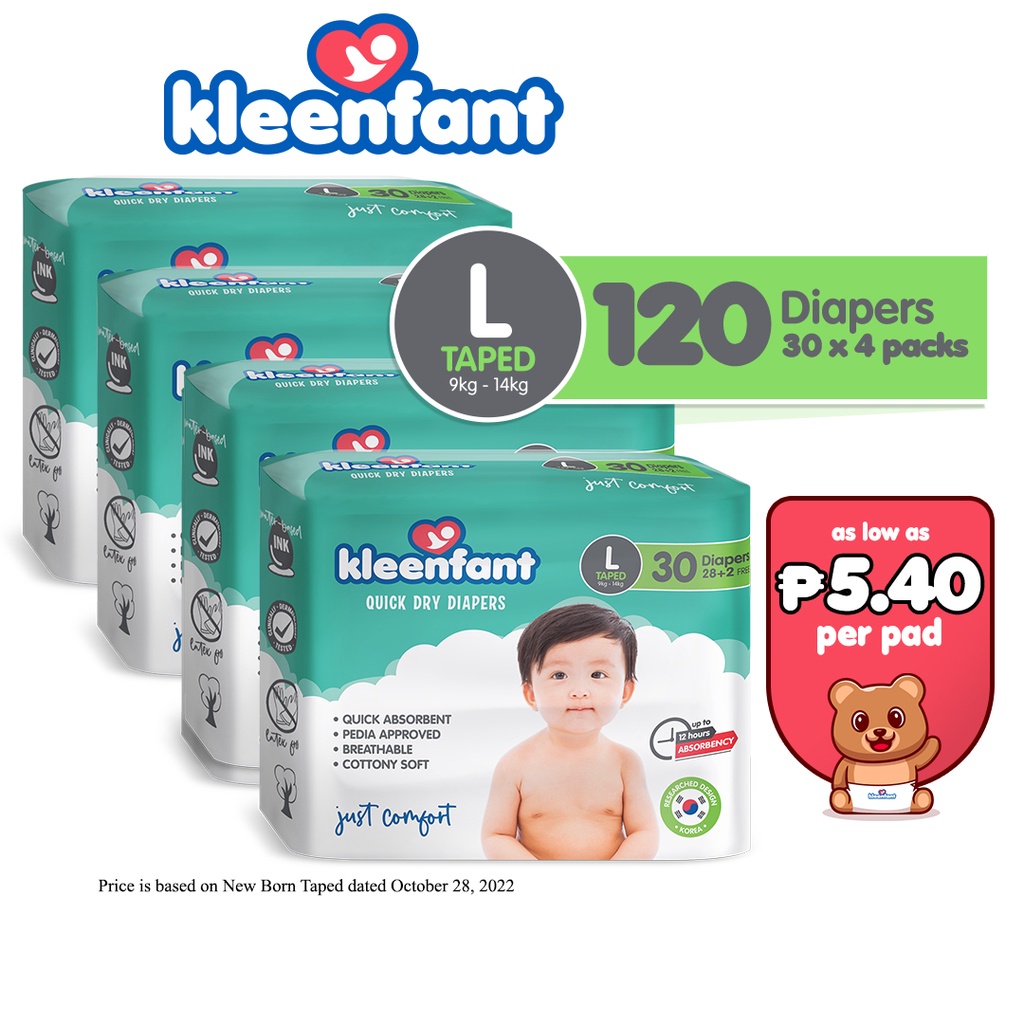 Kleenfant Diaper for Baby Taped Large Pack of 4, 120 pad Baby Needs