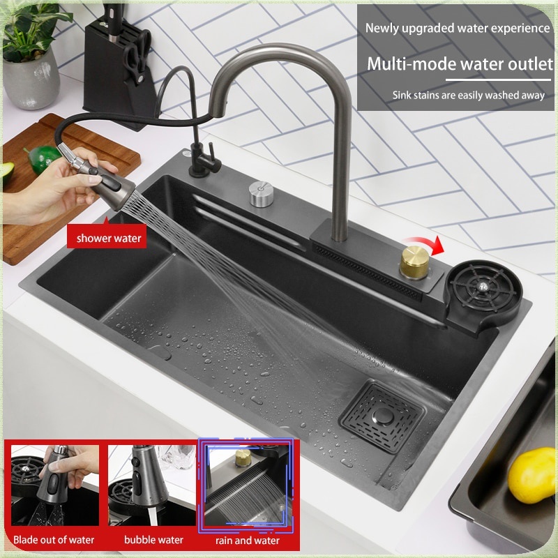 New Kitchen Sink 3mm Thick Black Nano 304 Stainless Steel Waterfall