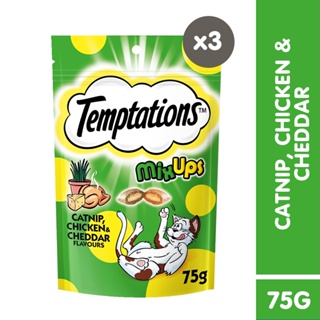 TEMPTATIONS Mix Ups Cat Treat, (3-Pack) 75g. Treats for Cats in Catnip, Chicken and Cheddar Flavors