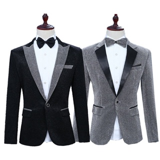 Men's Bright Silk Performance Suit Single Western Korean Style Singer Stage Long-Sleeved Top Annual Meeting Performance Wear Suit with Bow Tie