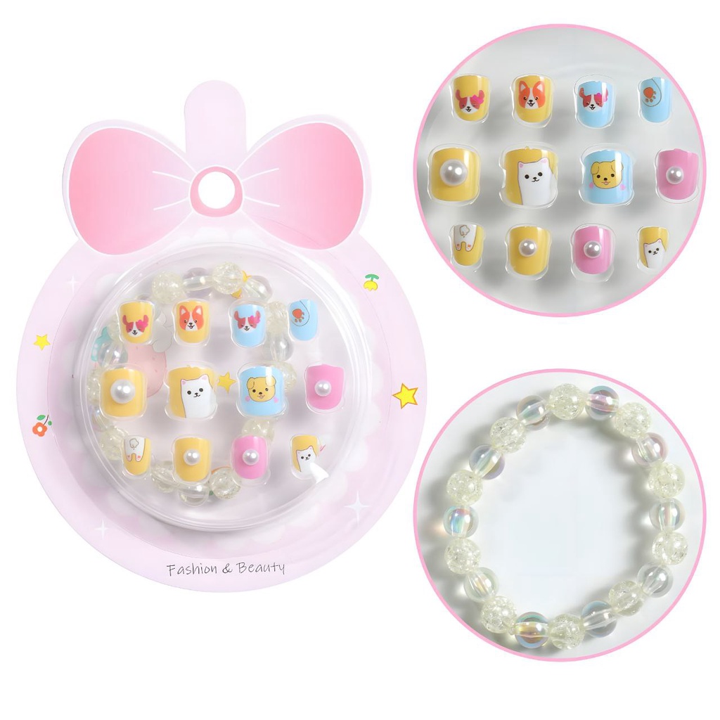 3pcs Cute Self Adhesive Press On Nails with Bracelet for Kids Fashion