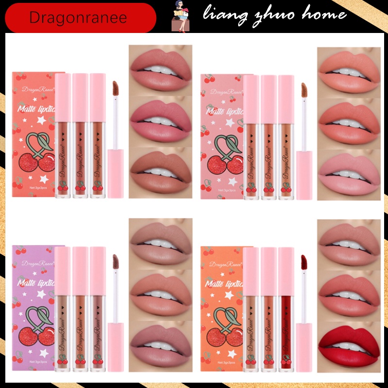 3Pcs/set Cherry Lipstick Set Matte Velvet Lip Gloss Sexy Red Lip Tint