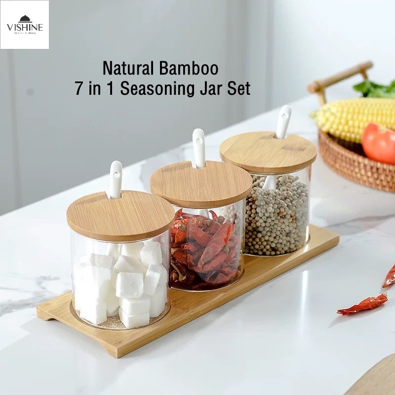 7 in 1 Bamboo Lid Seasoning Jar Set Glass Jar Storage Ceramic Spoon ...