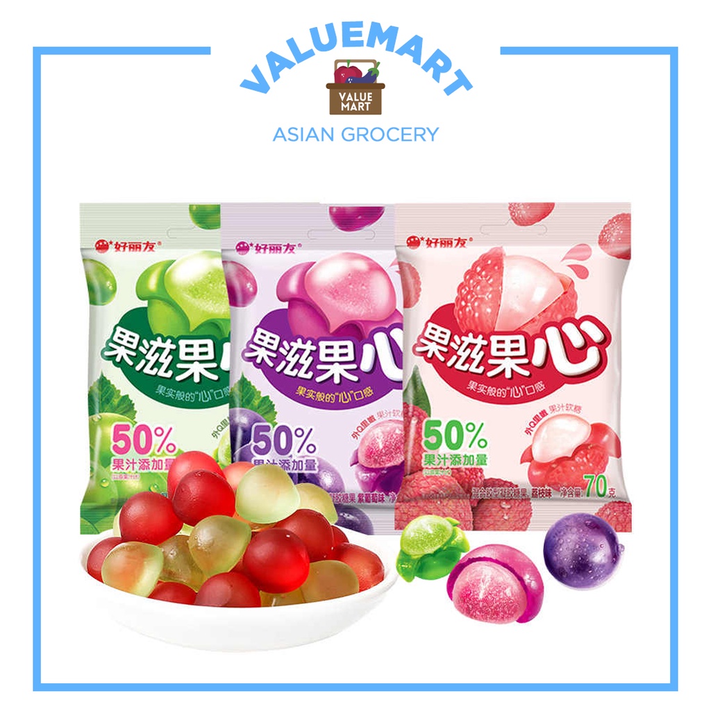Orion JellyFilled QQ Chewy Gummy Fruit Juice Candies (Lychee, Grape