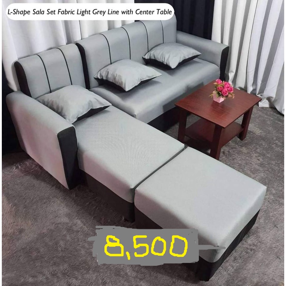 sala set L shape light grey fabric with center table uratex foam COD !! Shopee Philippines