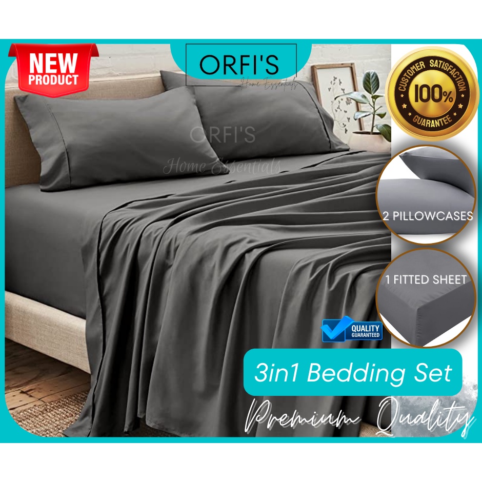 PLAIN Bed Sheet Set Gray Color 3 in 1 SET (1 Fitted Sheet and Free 2