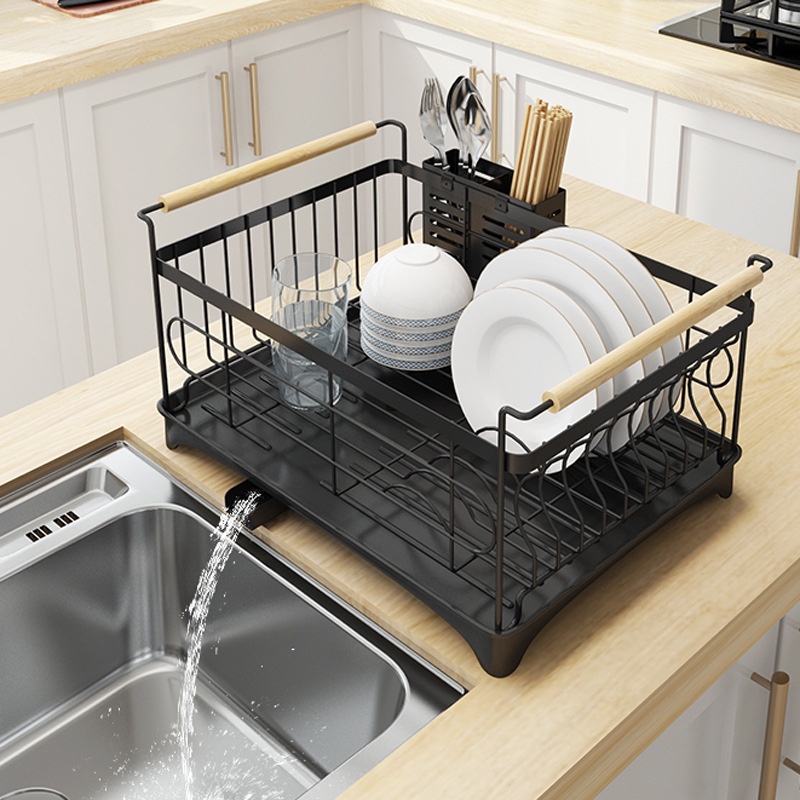 WG Kitchen Dish Rack Plates Holder Sink Draining Shelf Organizer Wood