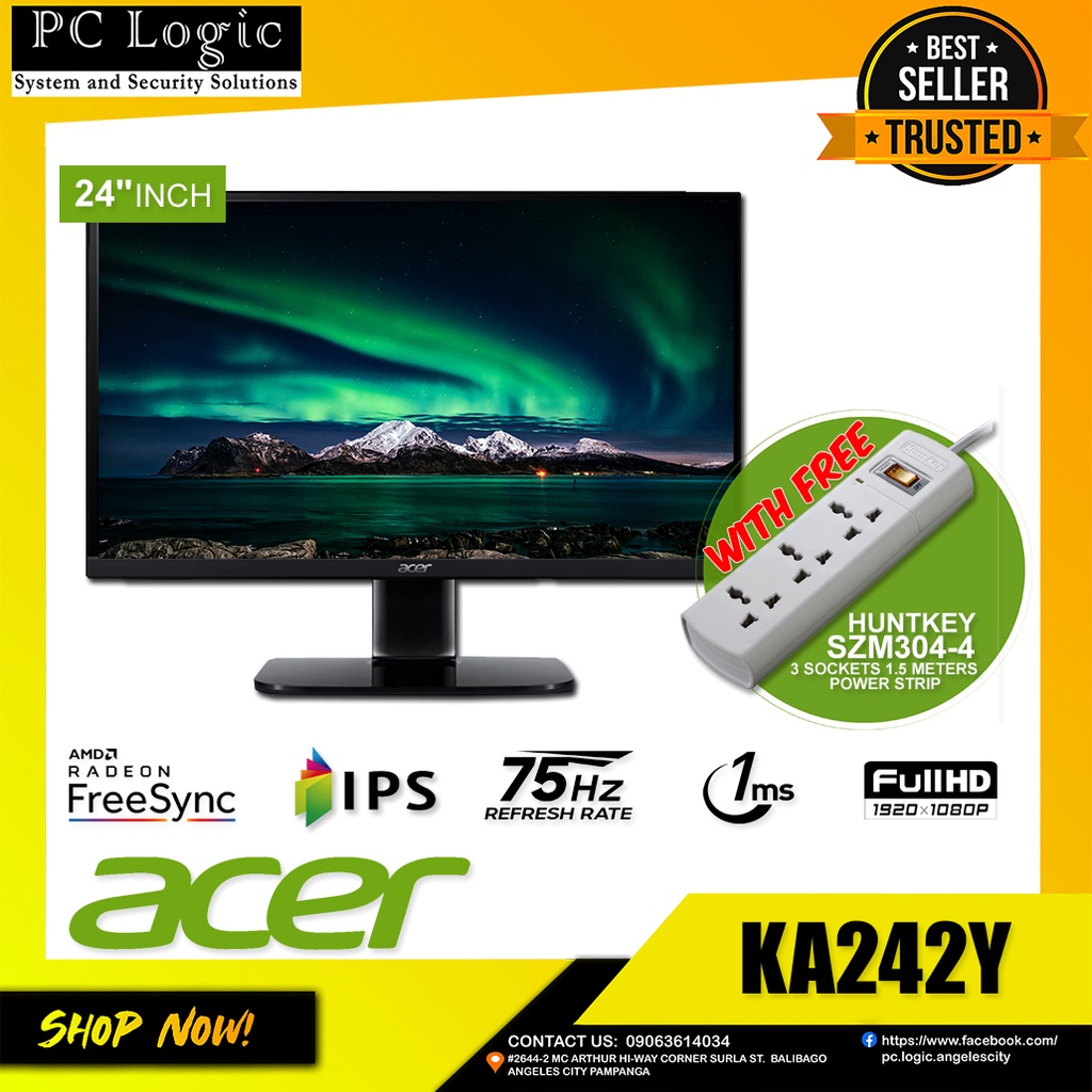 ACER KA242Y 24" IPS FLAT MONITOR WITH FREE HUNTKEY SZM3044 3 SOCKETS 1