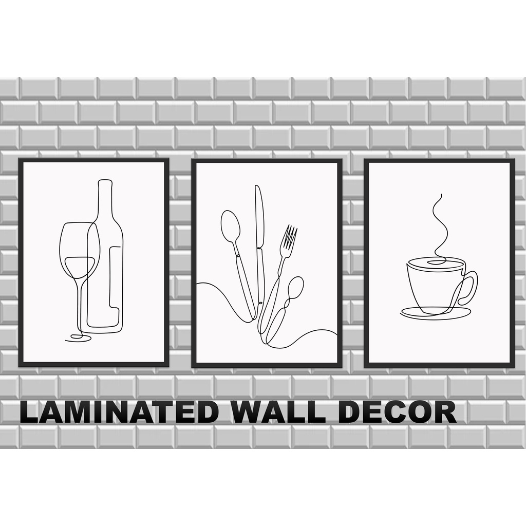 Set of 3 Line Art Kitchen Wall Decor A4 size Laminated Dining Room Wall