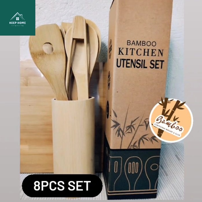8pcs/6pcs Eco Bamboo Kitchen Utensil Set Wooden Tool Kitchenware Bamboo Utensil Holder Included