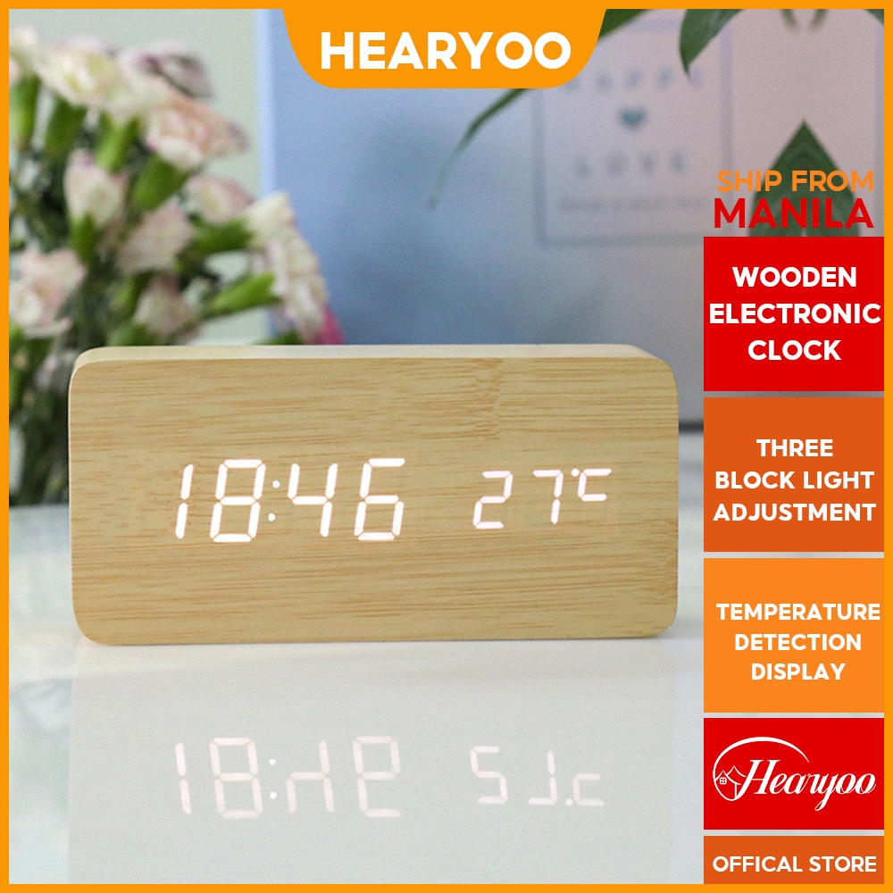 Hearyoo Wooden Digital Alarm Clock USB LED Table Bedside Clock Calendar ...