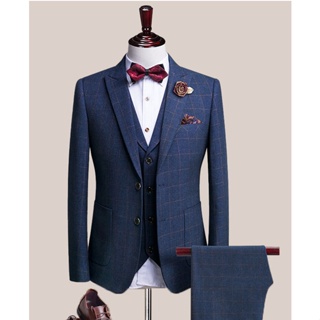((Jacket+Vest+Trousers 3-Piece Set) Men's High-End Korean Version Checked Suit Business/Wedding/Party Slim-Fit Clothing