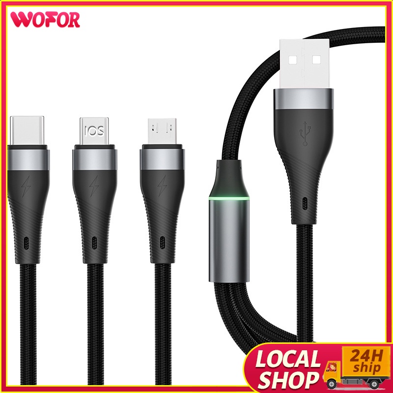 3in1 Mobile Phone Charging Cable 100W Fast Charging With Light Data