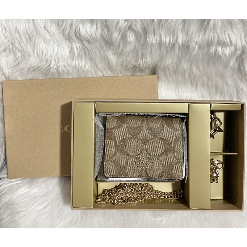 Original Coach Boxed Mini Wallet Chain Khaki Signature Canvas Charm