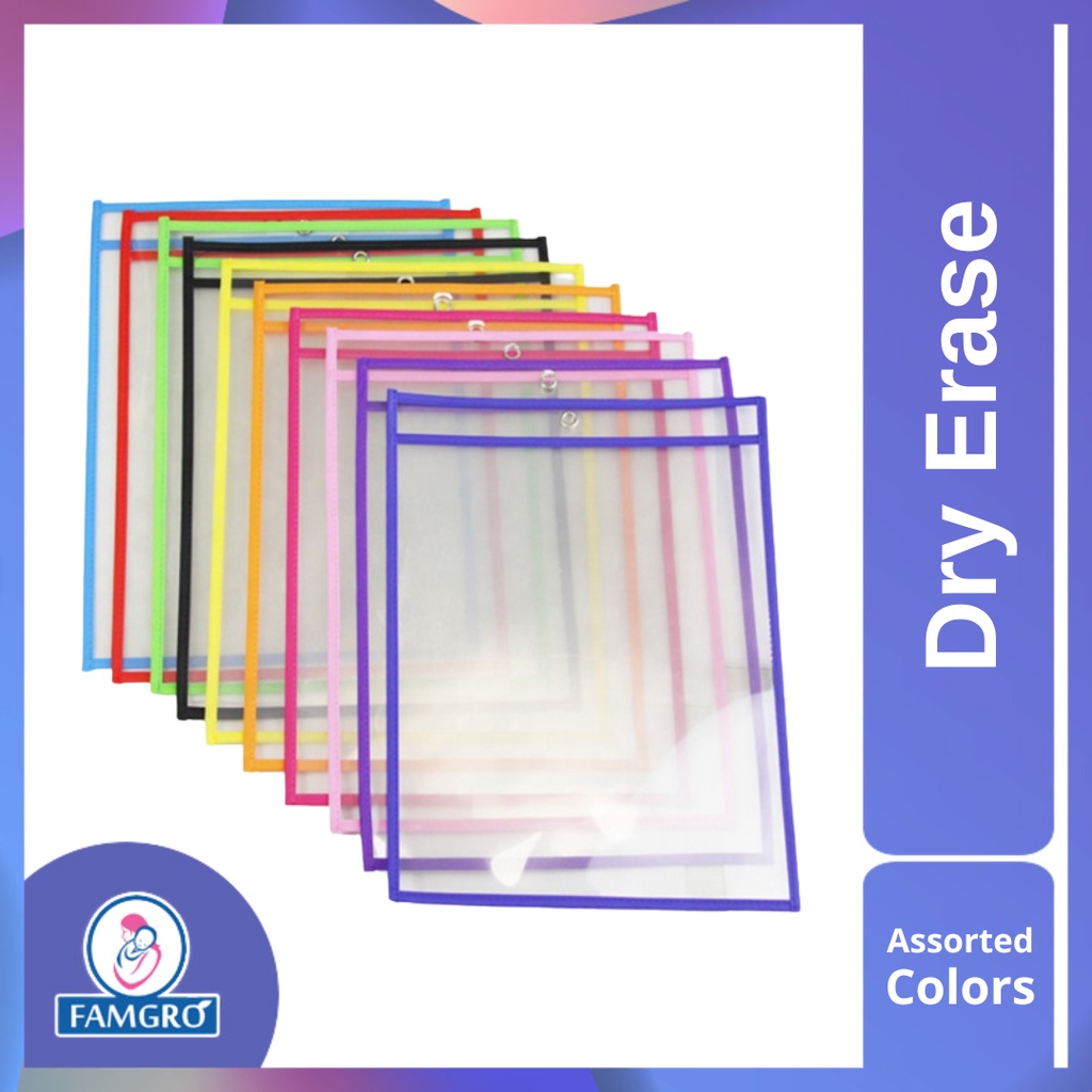 Assorted Color Dry Erase Pockets Reusable Erasable Pocket A4 Size for School Kids Learning