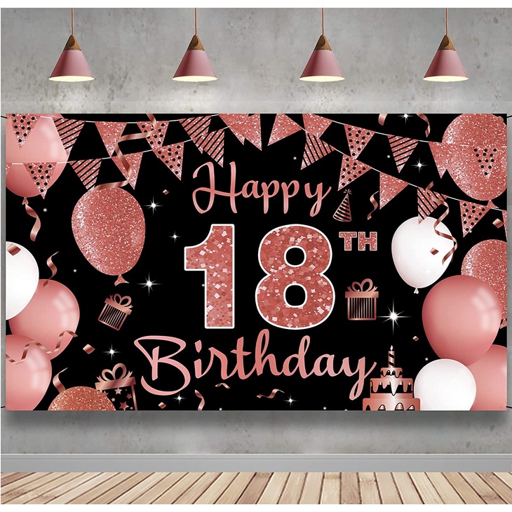 18th Birthday Girl Banner Decoration, Rose Gold Banner Happy 18th