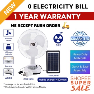 【1 year Warrenty】Solar Electric Fan 12 Inch Rechargeable 2 LED Lights 220V AC Desk Fan Outdoor Fan