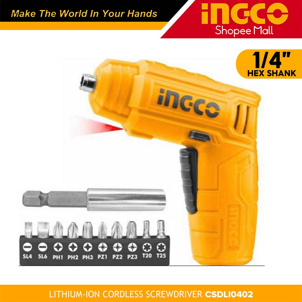 Ingco CSDLI0402 LithiumIon Cordless Screwdriver 4V, 1/4" for Screwing _CT Shopee Philippines