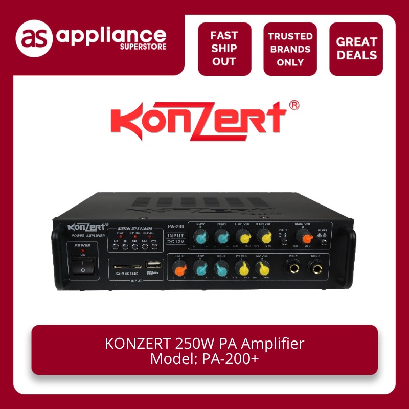 KONZERT 250W PA Amplifier with USB/SD, 2 Mic, 12v SupplyBuiltin