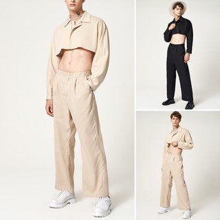 XMAN Men Solid Color Cut Short Long Sleeve Shirt + Wide Leg Straight Trousers Casual 2PCS Suits