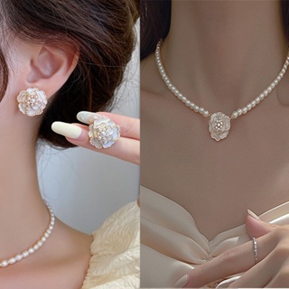 Korean jewelry set for women  Camellia Pearl stud Earrings Necklace fashion jewelry set accessories
