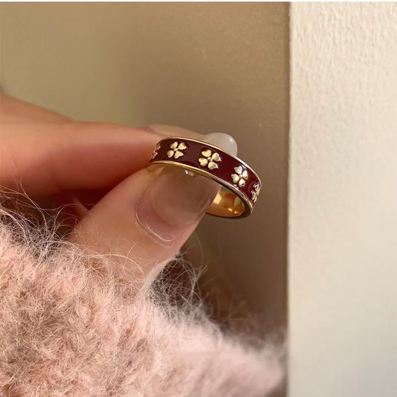 Blumen Und Gras Emaille Ring Offener Kleeblatt Ring Für Damen_voghion.com