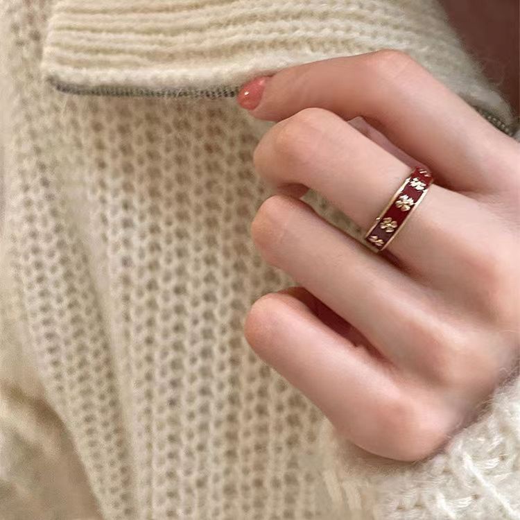 Blumen Und Gras Emaille Ring Offener Kleeblatt Ring Für Damen_voghion.com