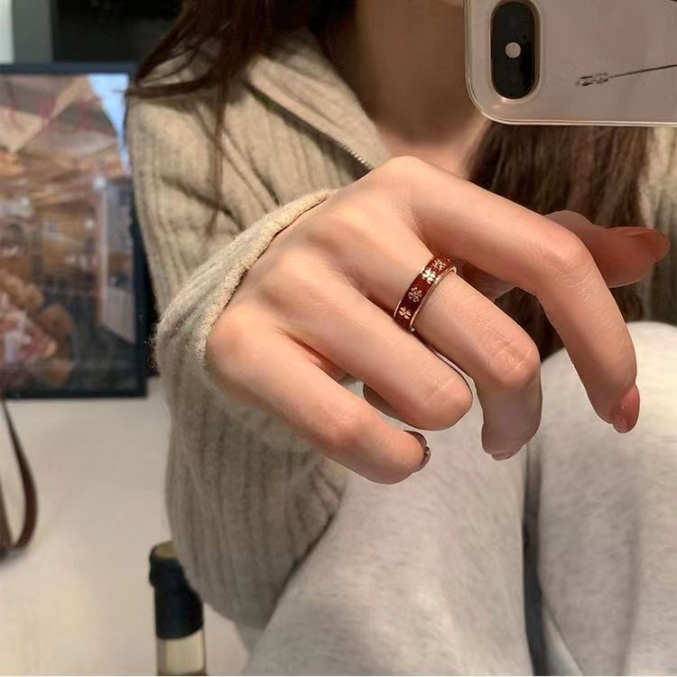 Blumen Und Gras Emaille Ring Offener Kleeblatt Ring Für Damen_voghion.com