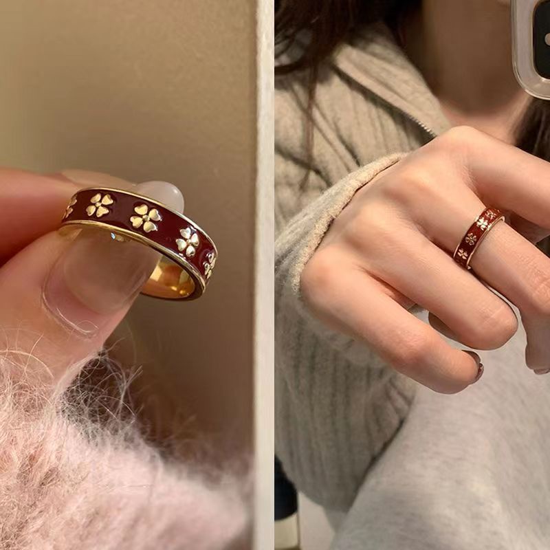 Blumen Und Gras Emaille Ring Offener Kleeblatt Ring Für Damen_voghion.com
