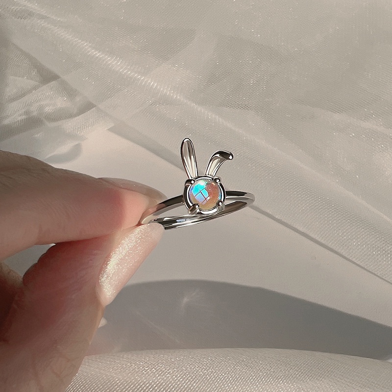 Moonlight Stone Rabbit Ring S925 Silver Animal Open Ring_voghion.com