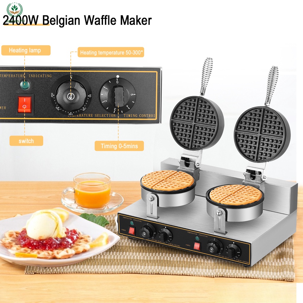 YJ 2400W Commercial Belgian Waffle Maker Double Round Thin Waffle Iron