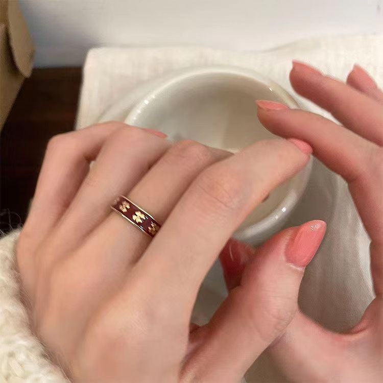 Blumen Und Gras Emaille Ring Offener Kleeblatt Ring Für Damen_voghion.com