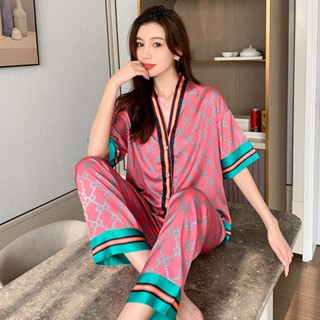 New Luxury Pyjamas Women Ice Silk Sleepwear Pajama Terno Baju Tidur Wanita Homewear Set Short Sleeves pijamas