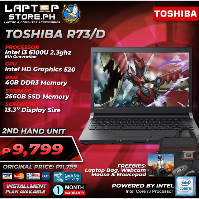 Laptop TOSHIBA R73/D Intel Core i3 6100U 2.3ghz 4gb 256GB SSD(6th