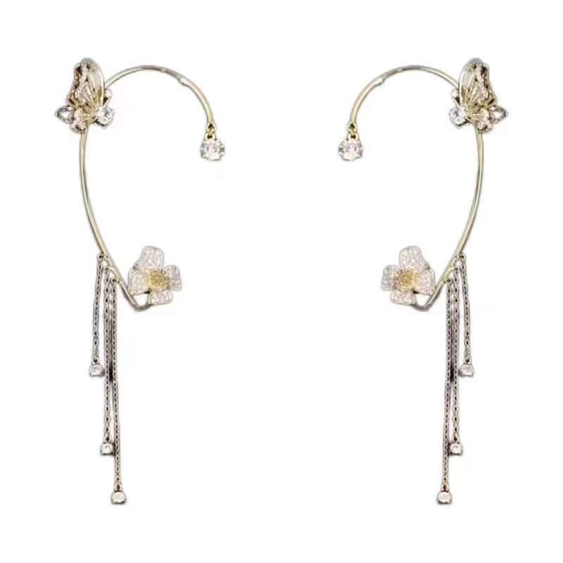 Kristall Schmetterling Blume Manschette Ohrringe Nicht durchbohrt Strass Quaste Ohr Wrap Crawler Haken Ohrring_voghion.com