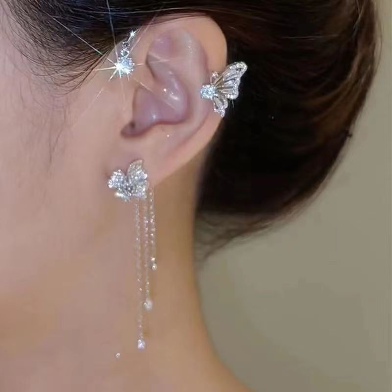 Kristall Schmetterling Blume Manschette Ohrringe Nicht durchbohrt Strass Quaste Ohr Wrap Crawler Haken Ohrring_voghion.com