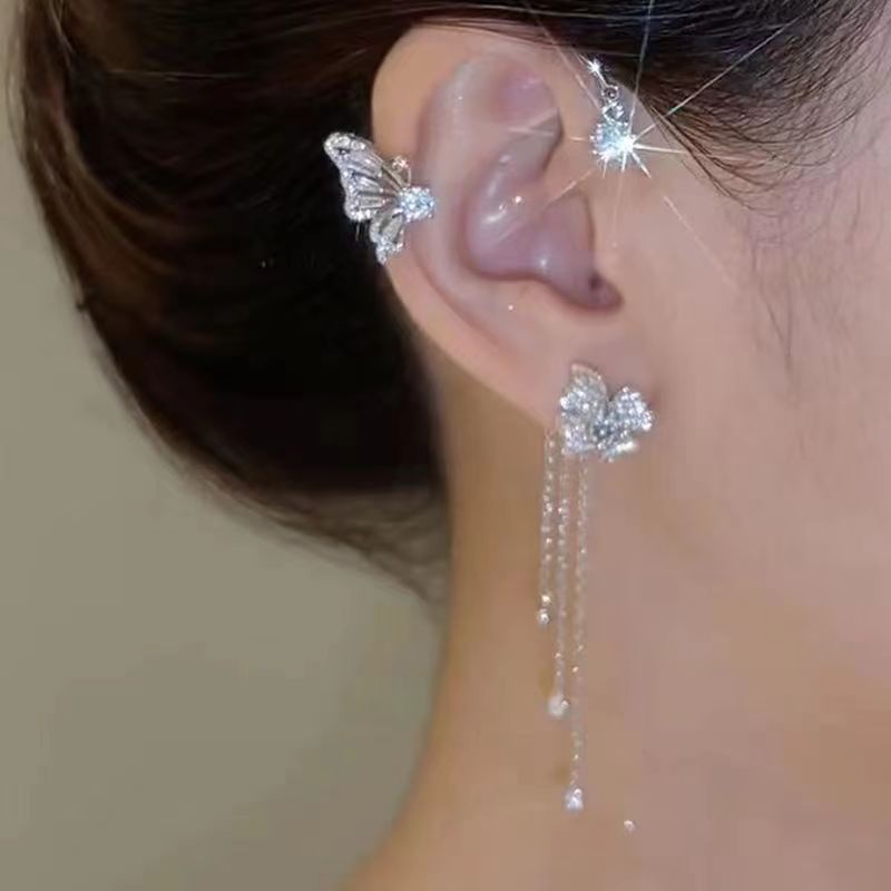 Kristall Schmetterling Blume Manschette Ohrringe Nicht durchbohrt Strass Quaste Ohr Wrap Crawler Haken Ohrring_voghion.com