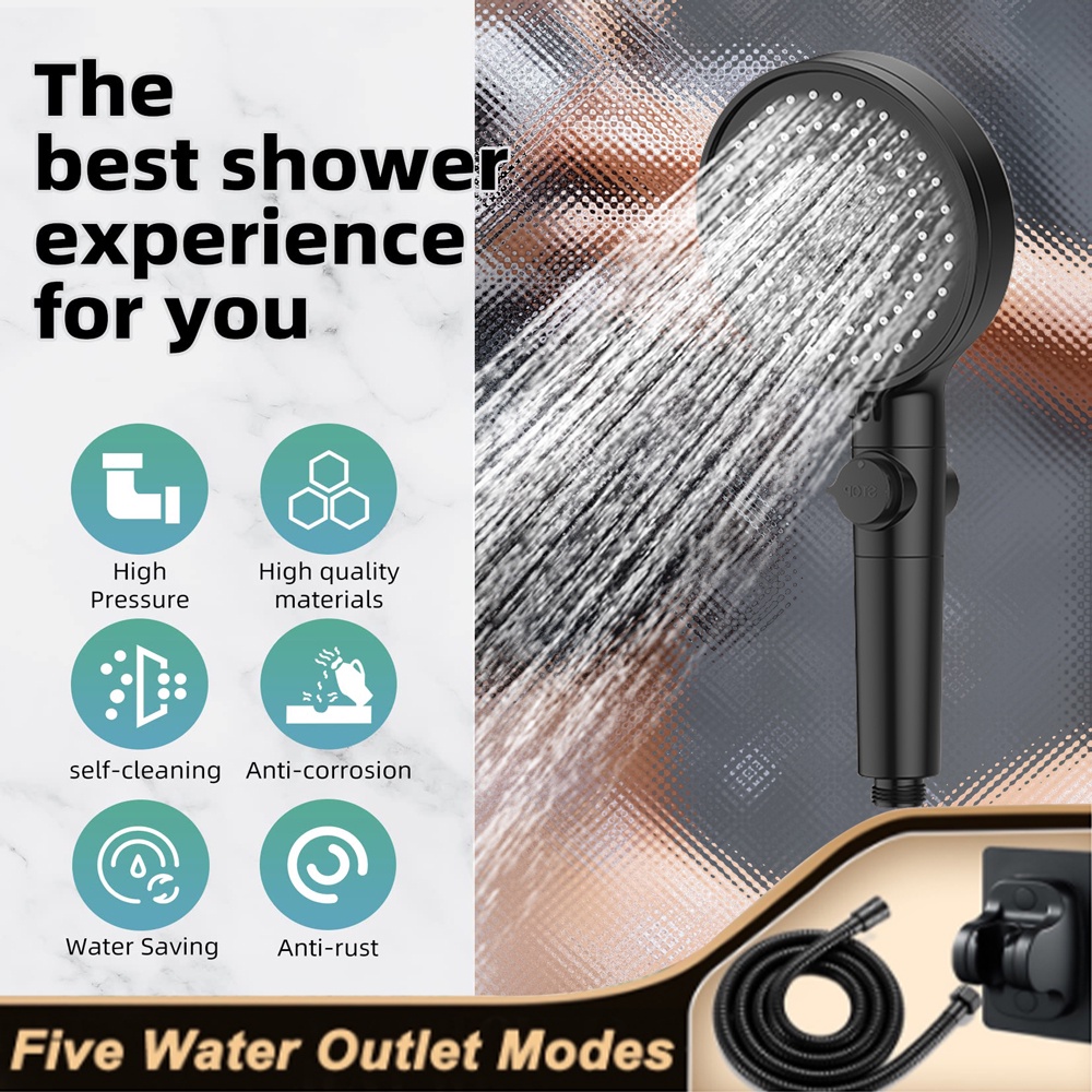 3 in 1 Pressurized Shower Head 5 Mode Adjustable Universal Shower Head