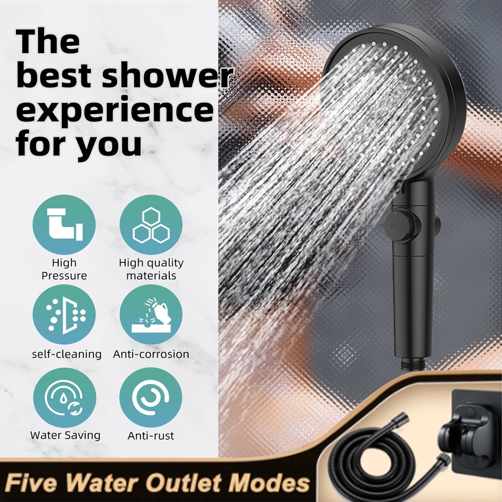 3 In 1 Pressurized Shower Head 5 Mode Adjustable Universal Shower Head 