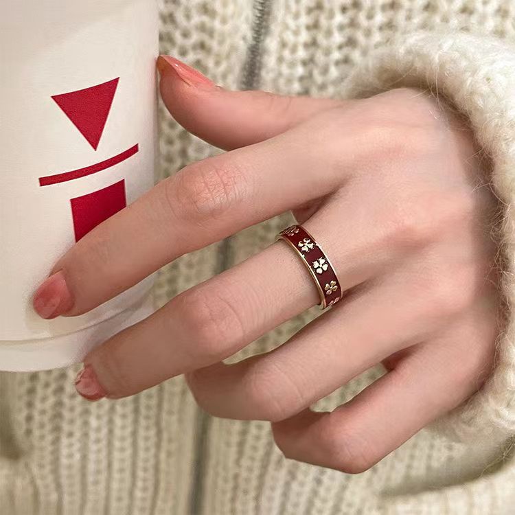 Blumen Und Gras Emaille Ring Offener Kleeblatt Ring Für Damen_voghion.com