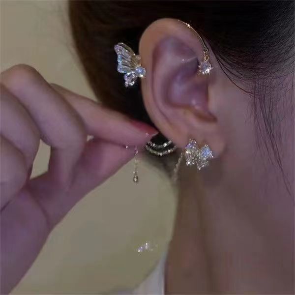 Kristall Schmetterling Blume Manschette Ohrringe Nicht durchbohrt Strass Quaste Ohr Wrap Crawler Haken Ohrring_voghion.com