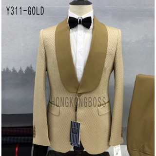 ((Jacket+Vest+Pants 3-Piece Set) European American Style Men's High-End Suit Golden Slim-Fit Wedding/Banquet/Party/Business Universal Clothing
