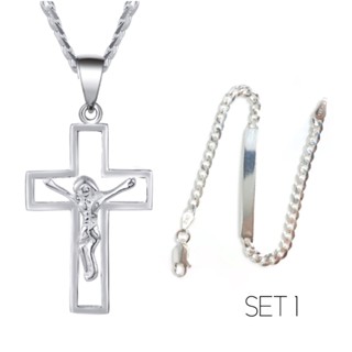 Silver Kingdom Original Italy 92.5 Silver Jewelry Cross Necklace and Bracelet Set for Men's ZS161